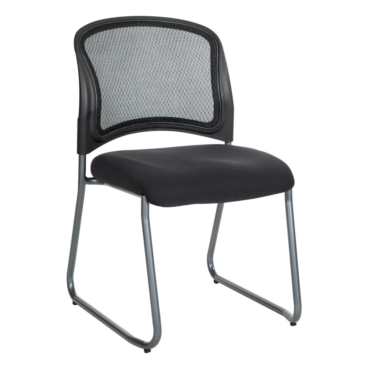 ProGrid- Mesh back Visitors Chair – armless with padded fabric seat. Black.