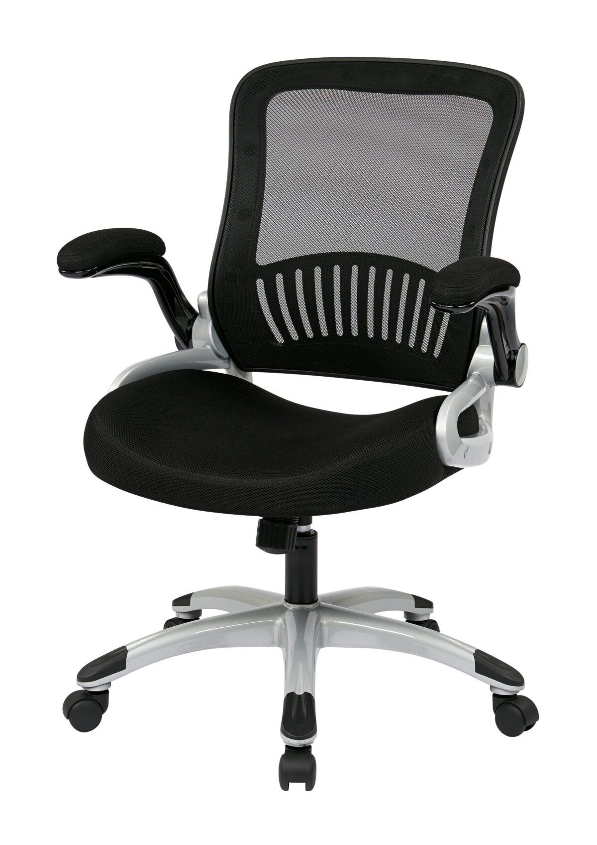 Work Smart- Screen Back with Bonded Leather seat. Flip Arms . Black/Silver