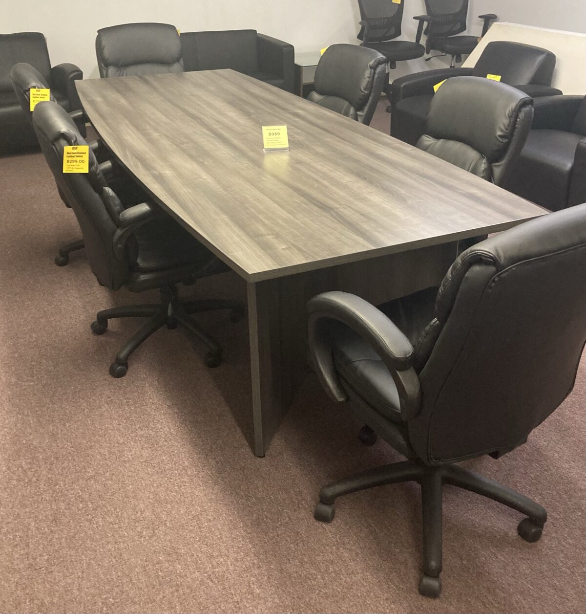 Buro- Boardroom Table ( boat shaped) with V base 108” L x 42”w x 29”h.